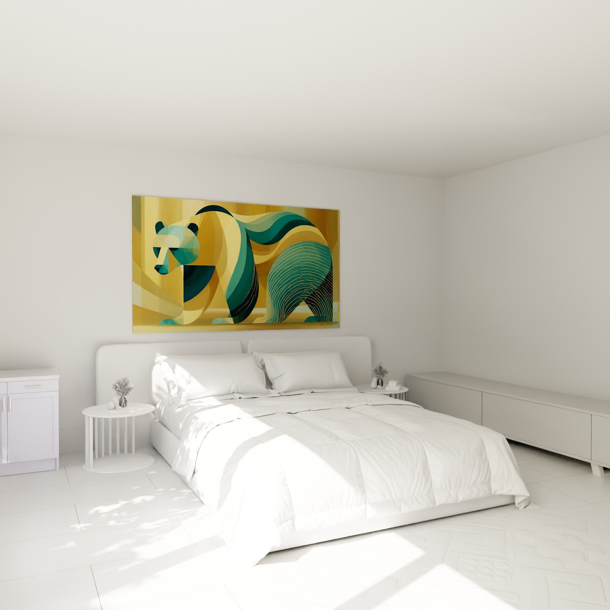 Silhouette d'Ours brun doré et vert émeraude accrochée au-dessus d'un lit dans une chambre claire