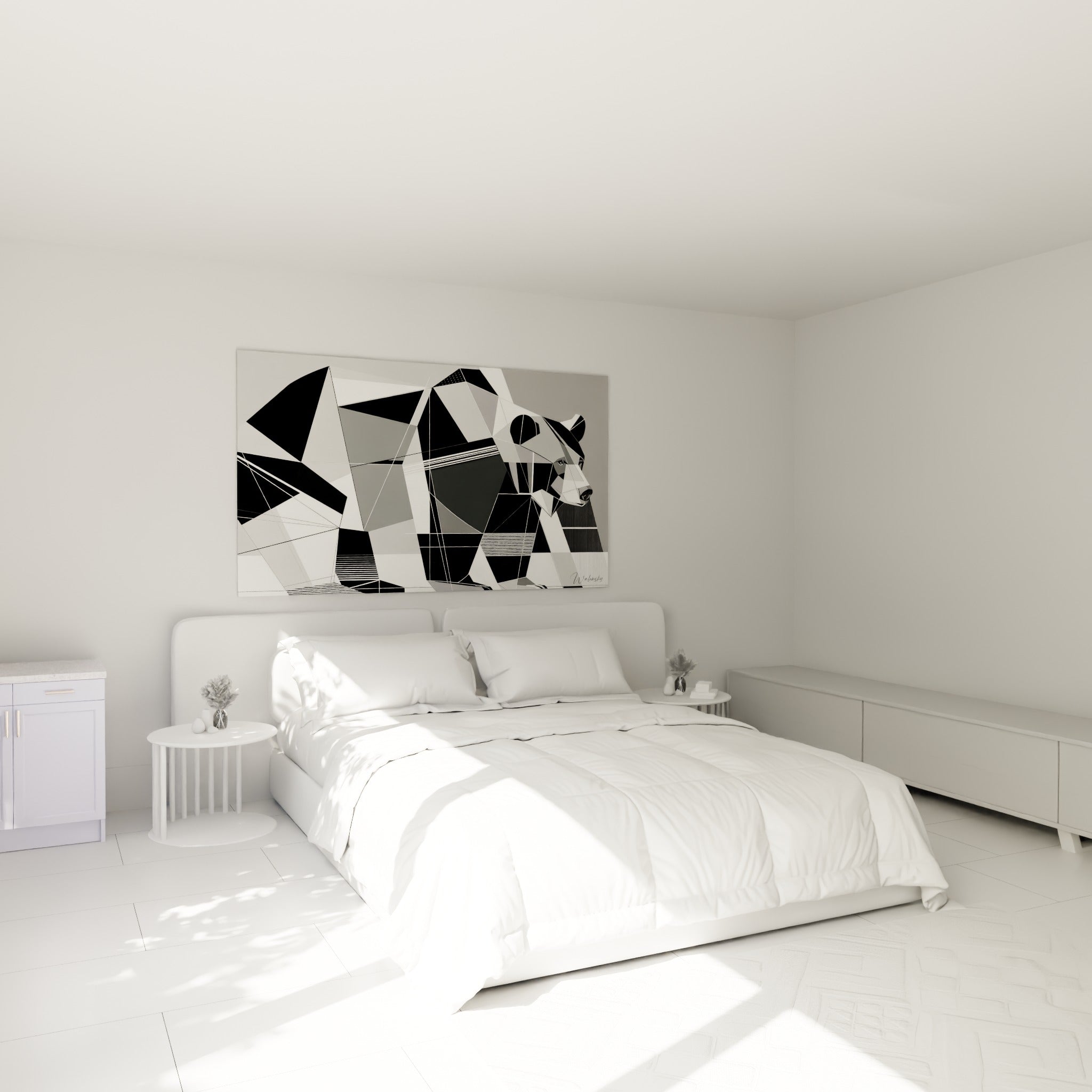 Silhouette d'ours brun anthracite et blanche aux lignes triangulaires, au-dessus d'un lit dans une chambre claire