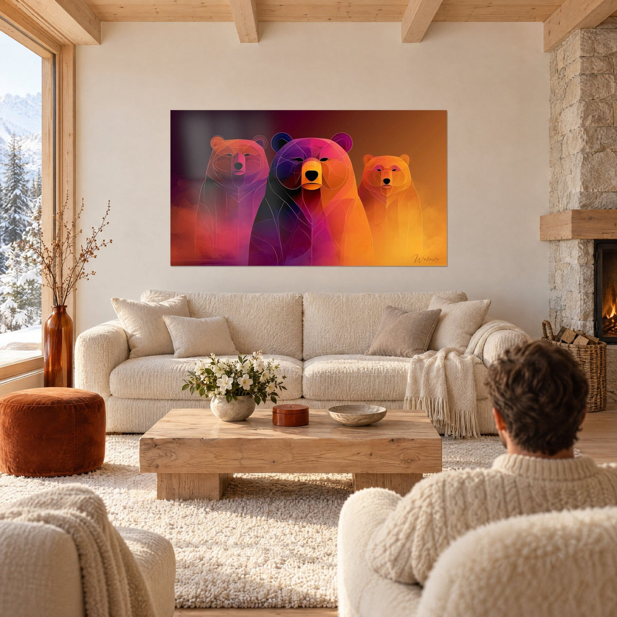 Quadro trio di orsi stilizzati, viola profondo e arancio ambrato, linee geometriche sottili, sopra un divano in un soggiorno luminoso
