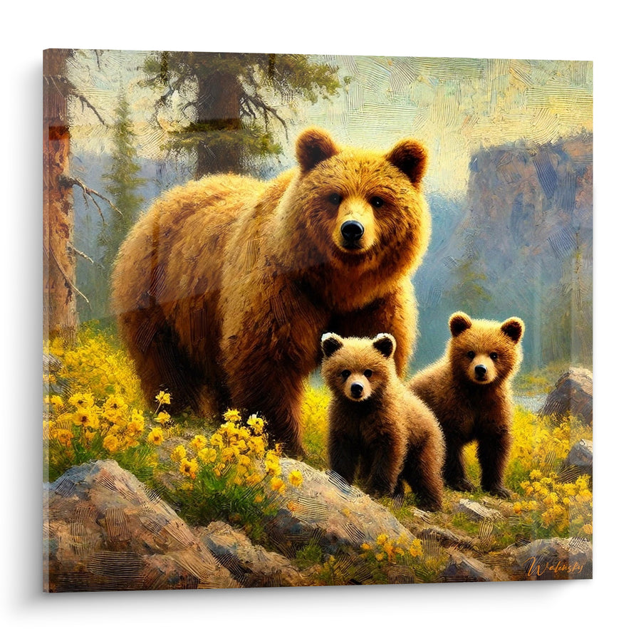 Tableau Ourse et oursons aux fleurs jaunes - Veille maternelle - Edition Ours brun