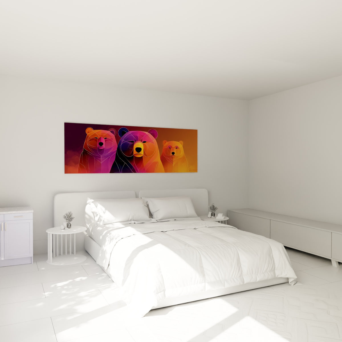 Famille d'ours violet et orange en composition graphique, accrochée au-dessus d'un lit dans une chambre claire