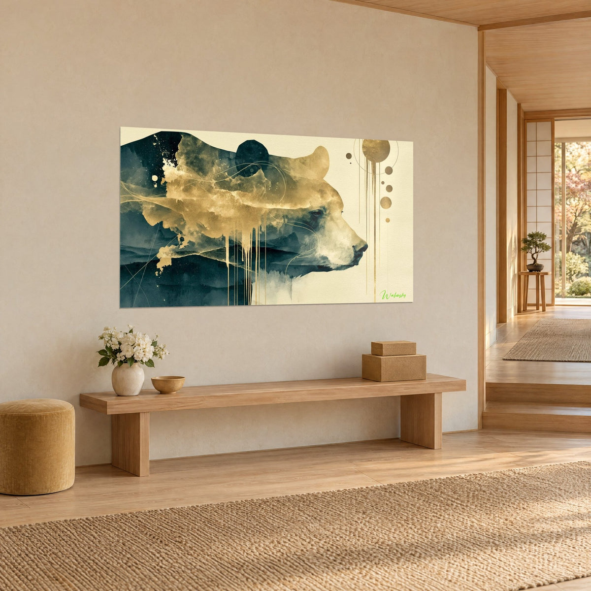 Wall art golden wild animal portrait melting into midnight blue mountains, gold discs on the right, wooden bench, Japandi hallway
