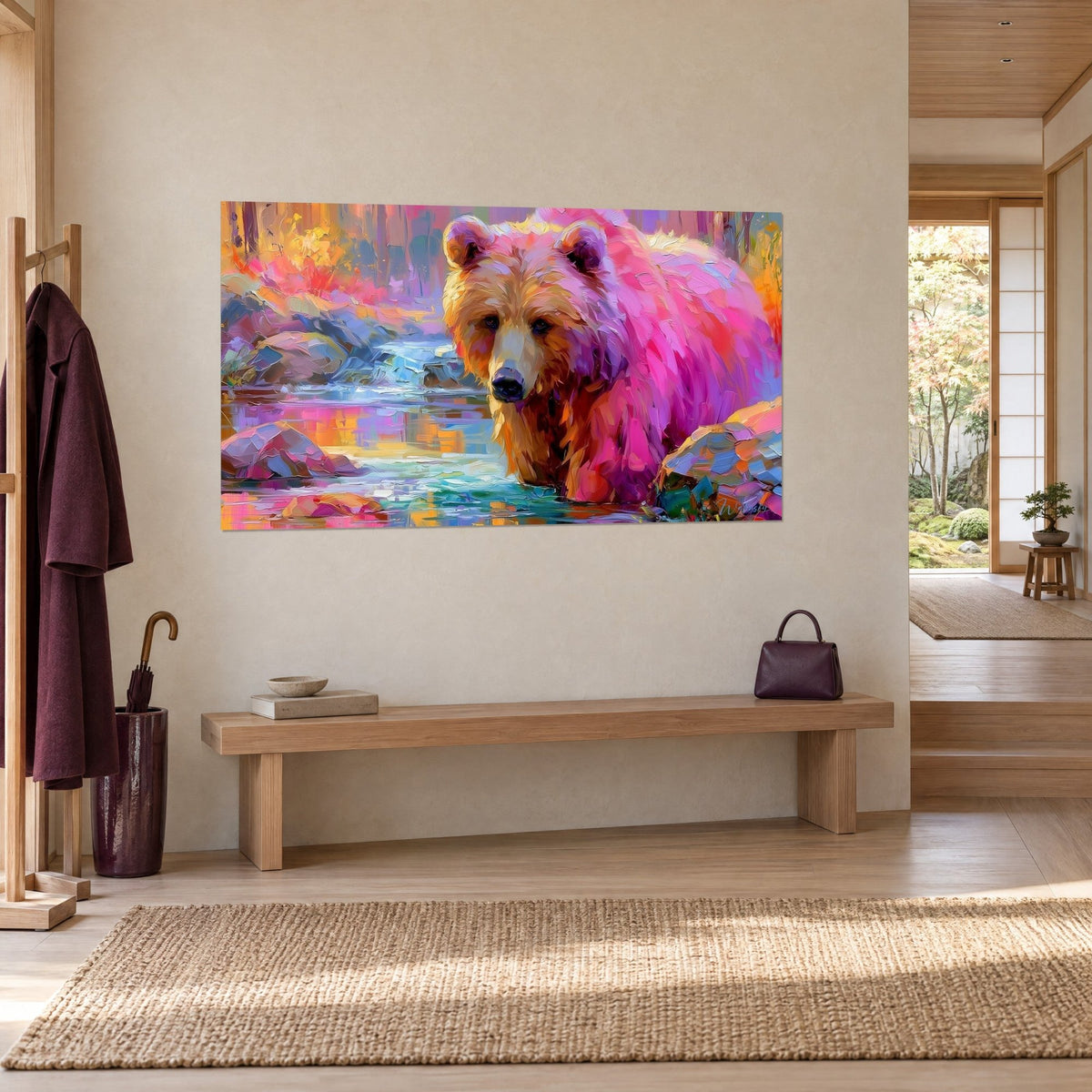 Quadro di orso dallo sguardo cupo, pelo fucsia e ocra dipinto a spatola, torrente blu e arancio, su una parete beige sopra una panca in legno