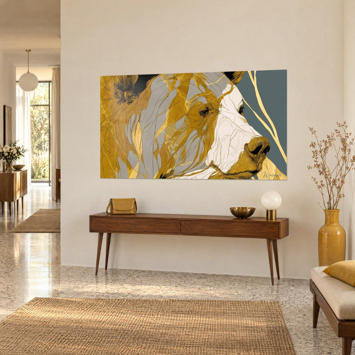 Wall art bear portrait with mustard yellow and pearl grey streaks, cream muzzle turned to the right, on a beige wall beside a wooden console