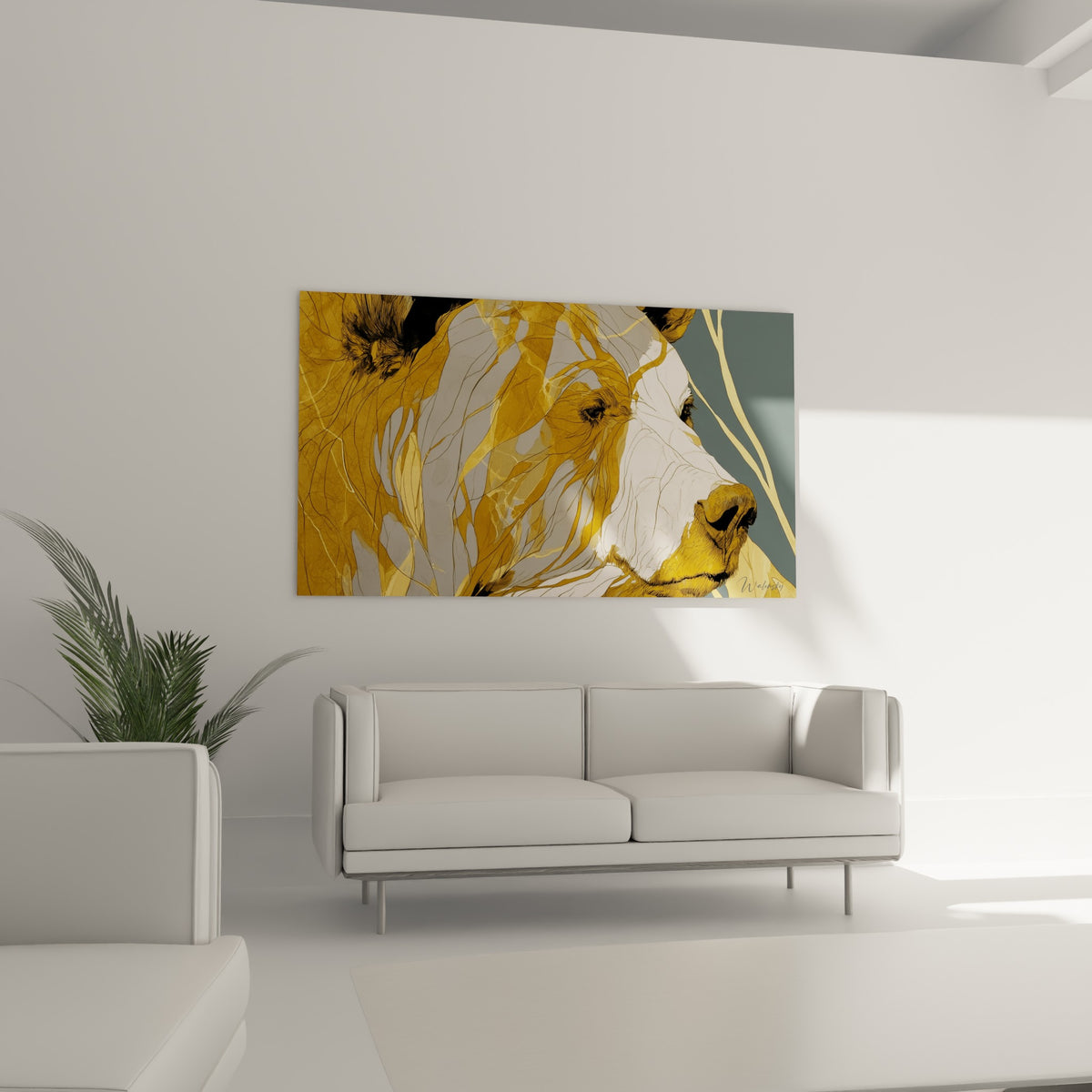 Ours brun aux mèches dorées et fond anthracite, museau blanc détaillé, au-dessus d'un canapé dans un salon lumineux