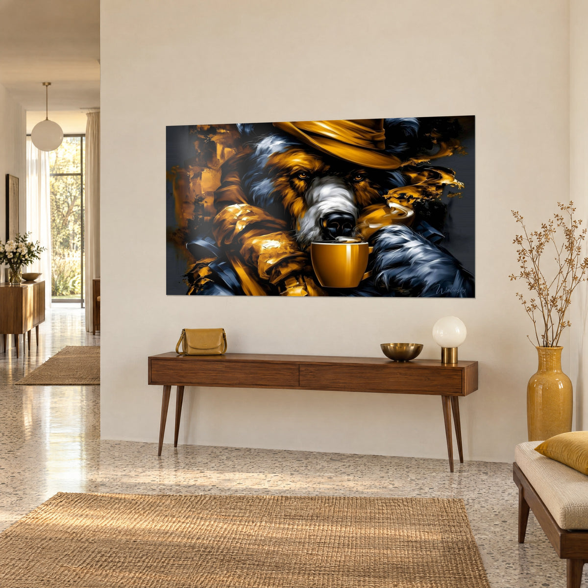Wall art of an elegant grizzly holding a steaming cup, mustard-yellow paint strokes on charcoal grey background, wooden console