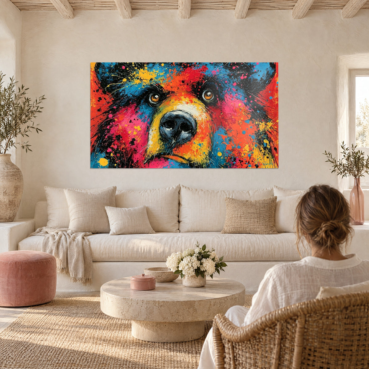Tableau ours brun au museau noir, éclaboussures roses et jaunes sur fond bleu, au-dessus d'un canapé dans un salon lumineux