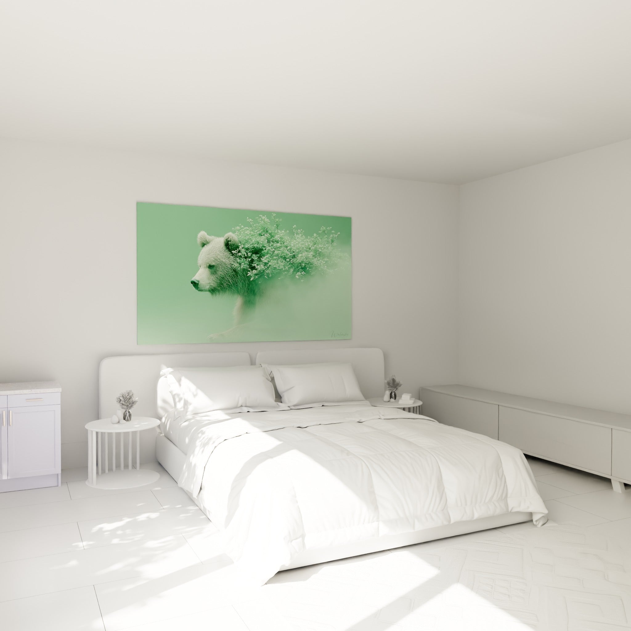 Silhouette d'ours brun fusionnée à des fleurs blanches, accrochée au-dessus d'un lit dans une chambre claire
