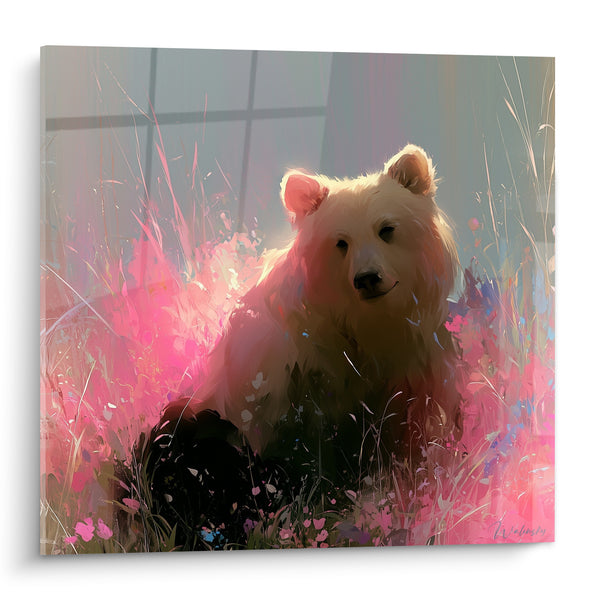 Tableau Ours brun assis parmi les fleurs roses - Clairière fleurie - Edition Ours brun