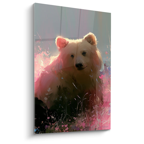 Tableau Ours brun crème parmi fleurs roses - Douceur sauvage - Edition Ours brun