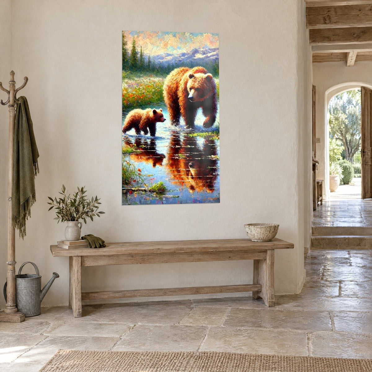 Wall art brown bear mother guiding her cub through the river, orange reflections on the water, purple mountains, light stone hallway