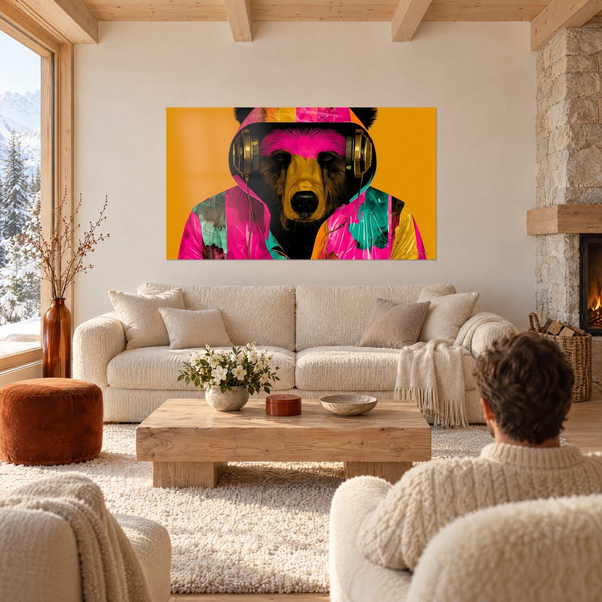 Tableau ours brun sous capuche rose fuchsia, casque doré, fond ocre, à côté d'un homme de dos, au-dessus d'un canapé dans un salon lumineux