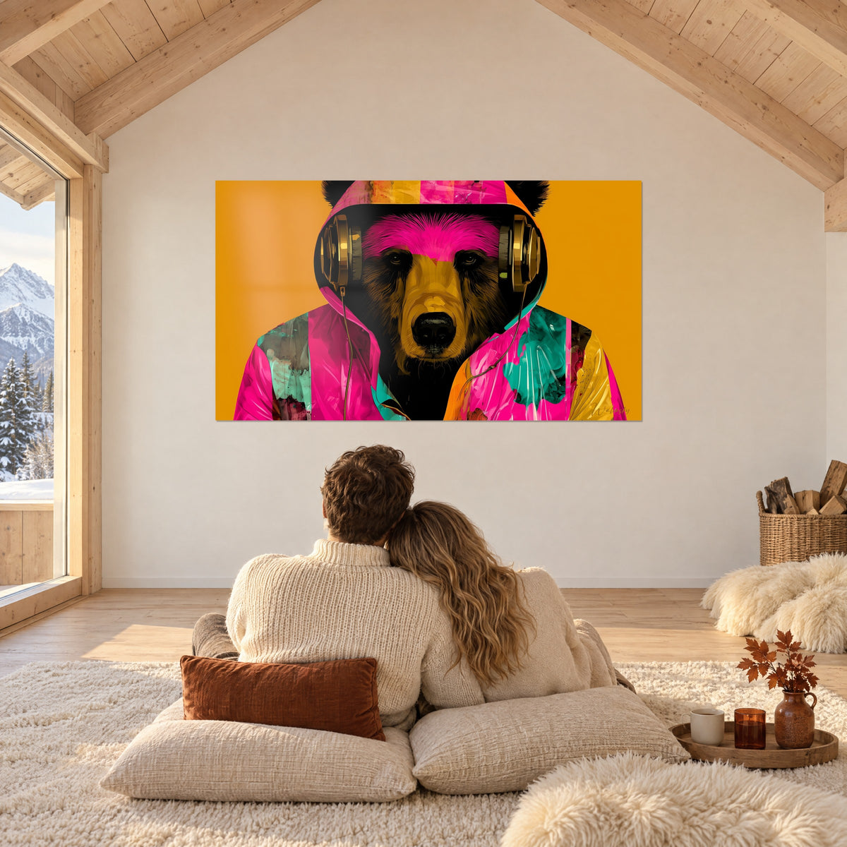 Tableau animal sauvage urbain, museau noir, casque doré, capuche rose vif, fond jaune miel, observé par un couple de dos sur des coussins