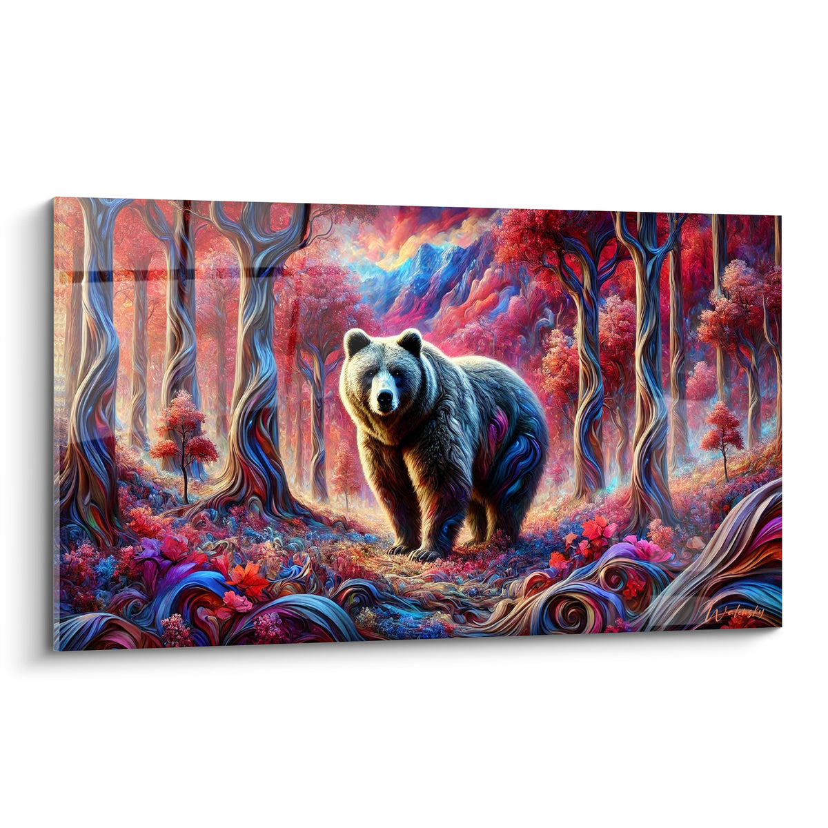 Ours brun debout dans une forêt rouge et bleue, pelage doré et regard calme