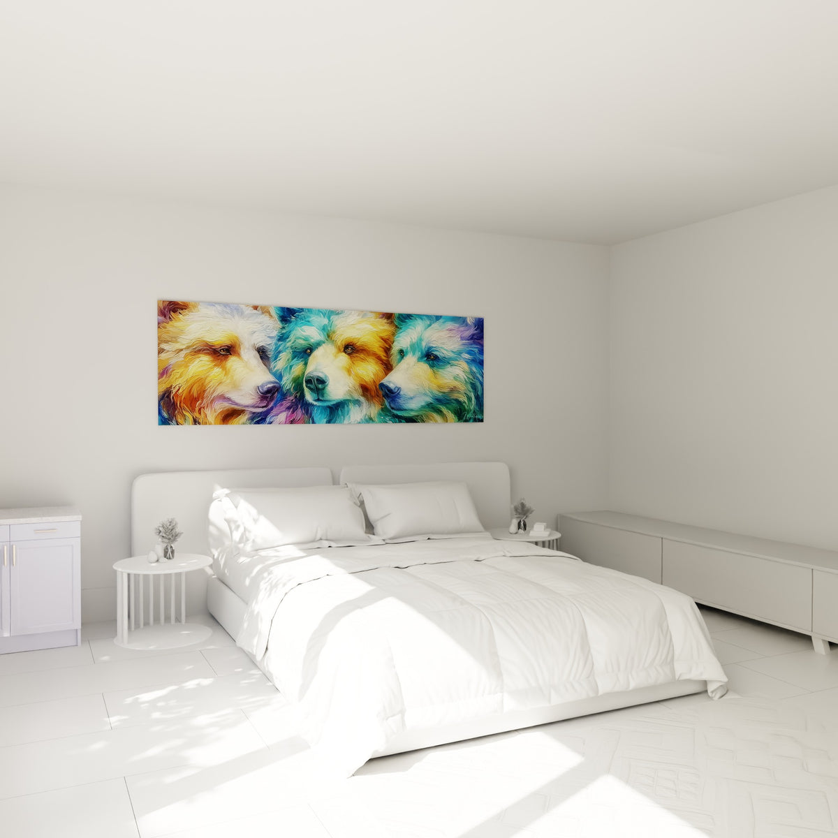 Fourrure d'ours brun ocre et bleu pastel peinte avec relief, accrochée au-dessus d'un lit dans une chambre claire.