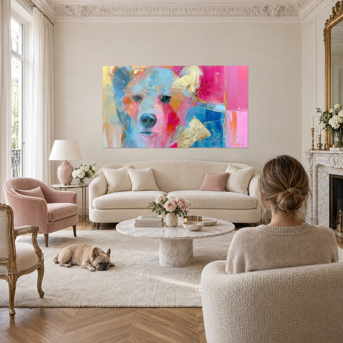 Cuadro oso de ojos oscuros, pelaje azul cielo y rosa, hojas doradas, encima de un sofá en un salón luminoso