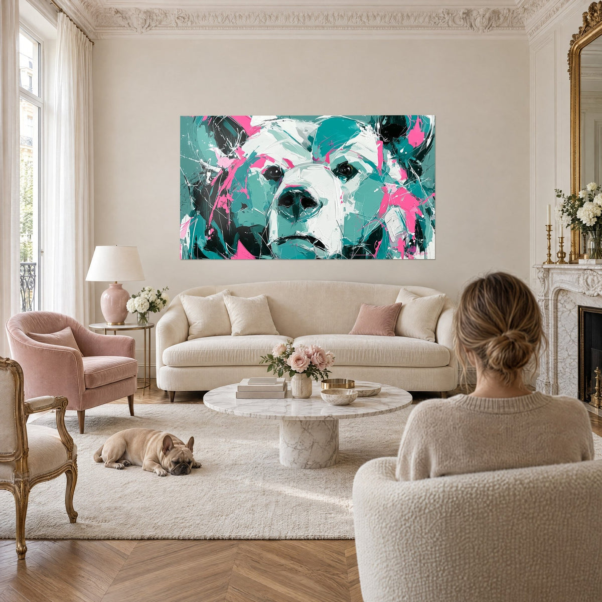 Cuadro oso de pelaje blanco con mirada oscura intensa, salpicaduras turquesa y rosa, sobre un sofá en un salón luminoso