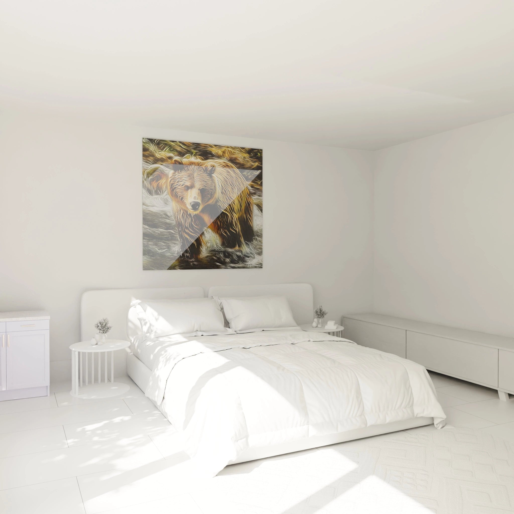 Tableau ours brun Walensky accroché au mur d'une chambre blanche moderne avec lit double