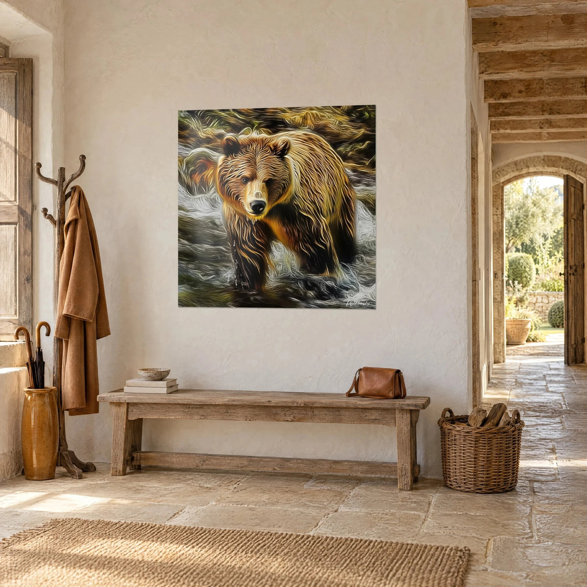 Schilderij massieve bruine beer met gouden en zwarte glans, strakke blik, aan de muur hangend, driekwart zicht in de stenen hal