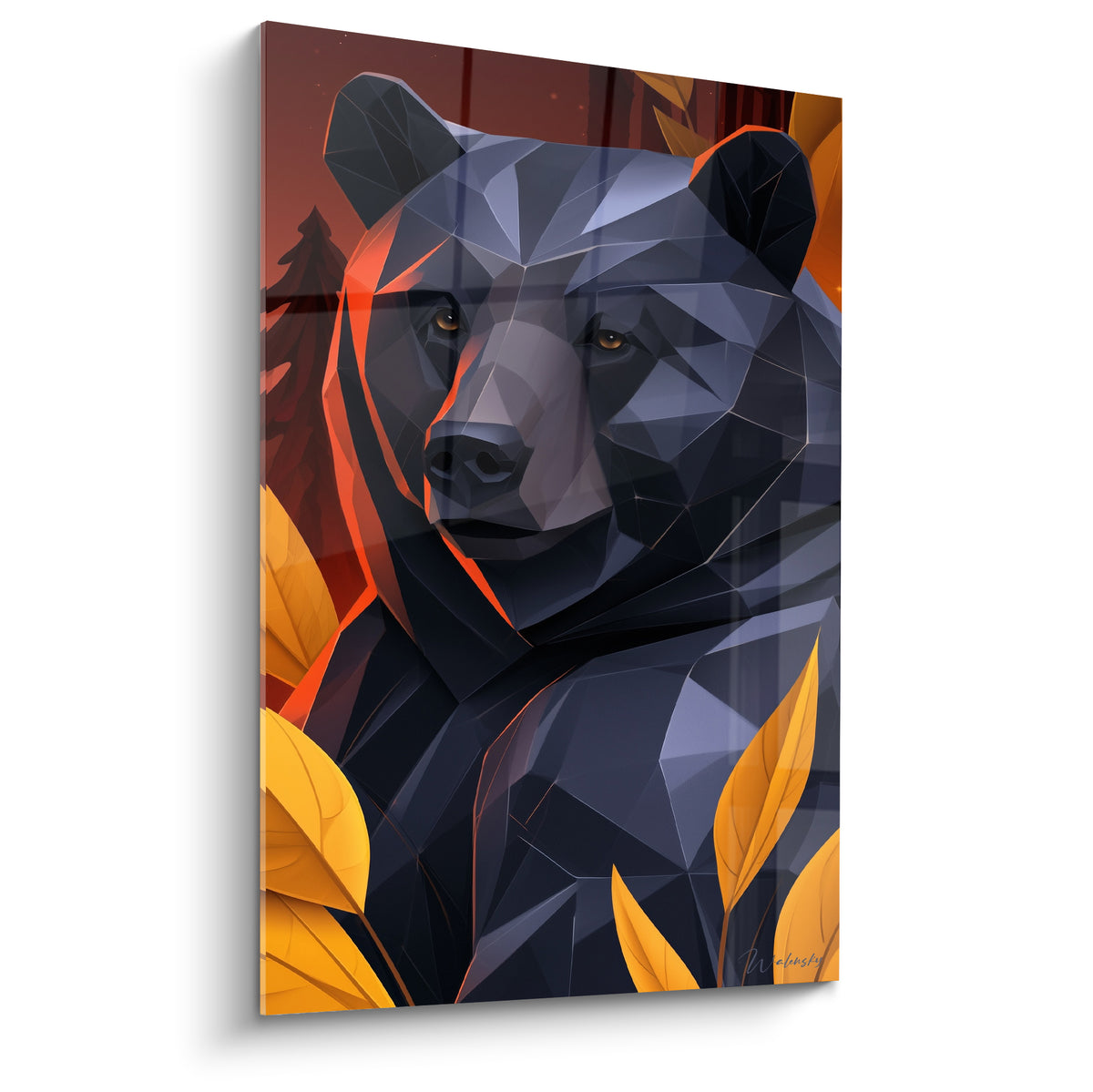 Ours brun géométrique anthracite au regard ambré, entouré de feuilles dorées et fond rouge orangé
