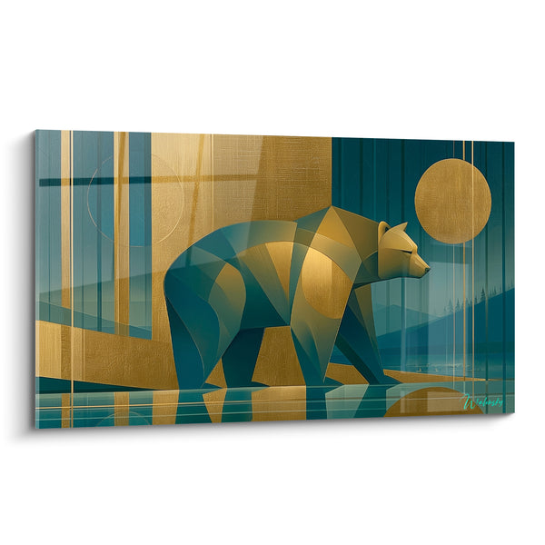 Tableau Ours géométrique bleu pétrole et doré - Marche solaire - Edition Ours brun