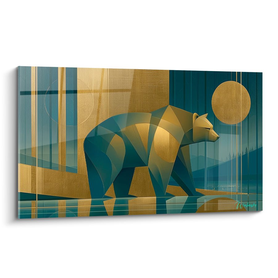 Tableau Ours géométrique bleu pétrole et doré - Marche solaire - Edition Ours brun