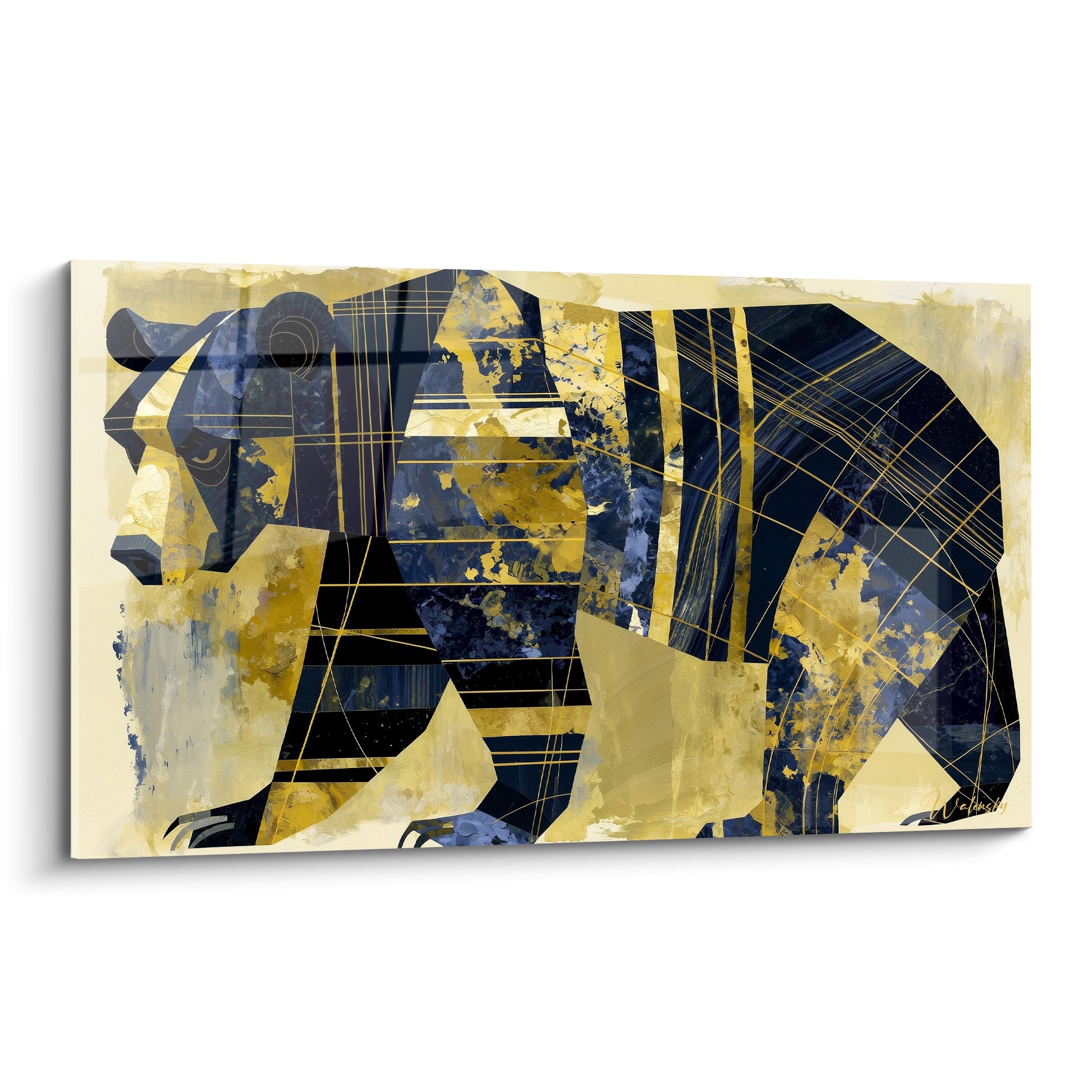 Ours brun géométrique en bleu marine et doré, silhouette fragmentée sur fond jaune pâle texturé