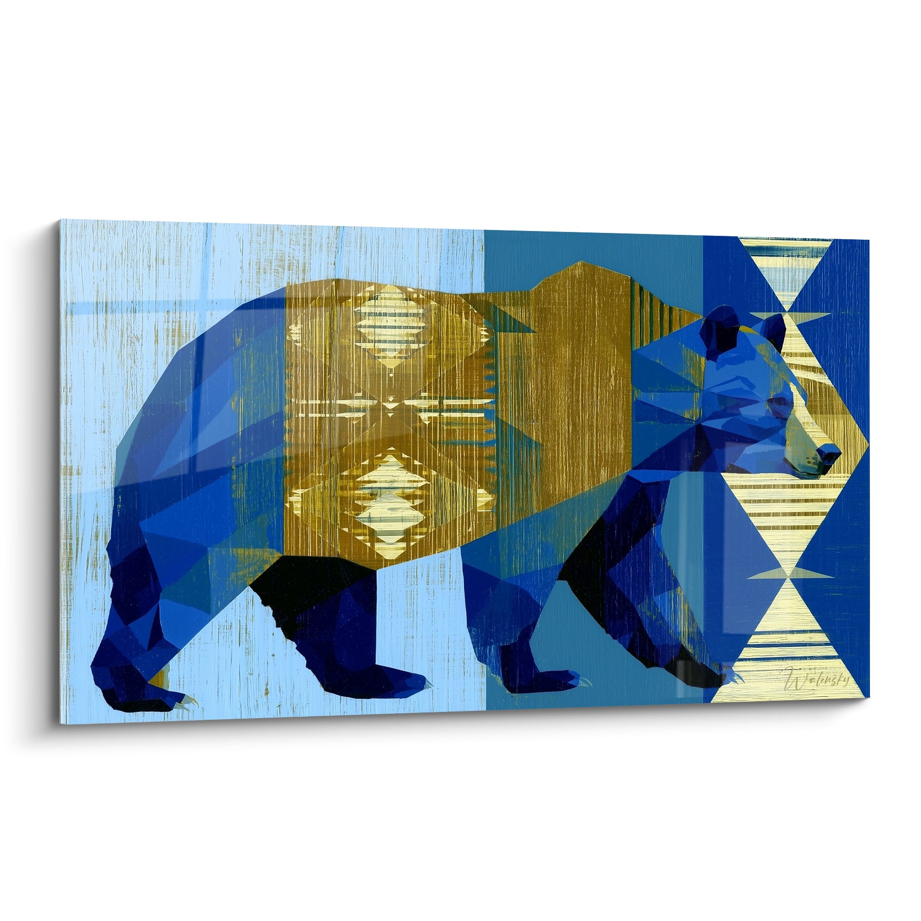 Ours brun géométrique bleu marine et doré, silhouette anguleuse façon vitrail sur fond bleu pastel