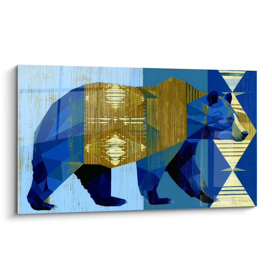 Ours brun géométrique bleu marine et doré, silhouette anguleuse façon vitrail sur fond bleu pastel