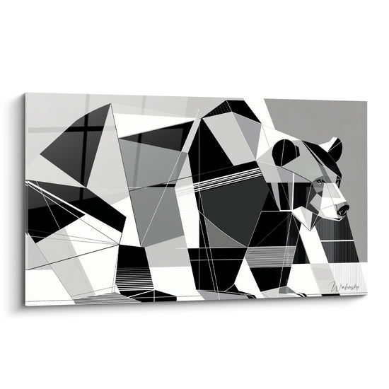 Ours brun de profil en facettes noires et blanches, motif géométrique anguleux sur fond gris