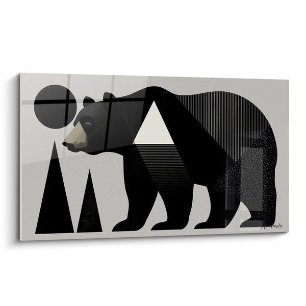 Tableau Ours noir et gris aux sapins triangulaires - Lune et motifs pointillés - Edition Ours brun