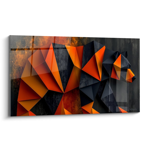 Tableau Ours facettes orange et noires en marche - Silhouette polygonale nocturne - Edition Ours brun