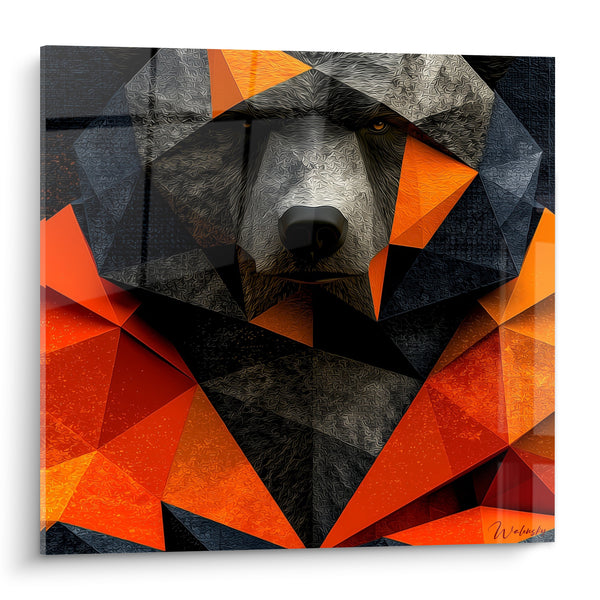 Tableau Ours géométrique gris et orange facetté - Regard incandescent - Edition Ours brun