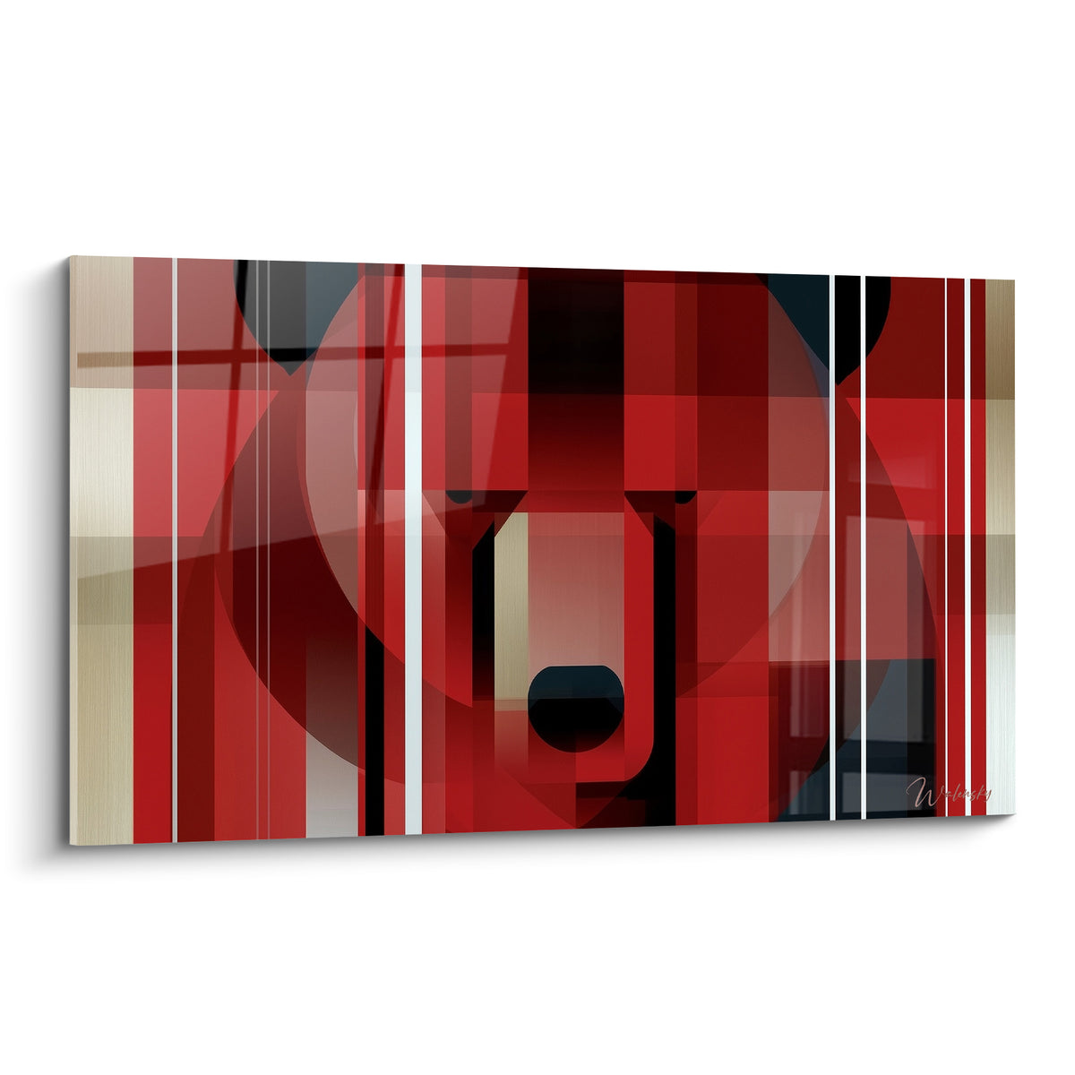 Ours brun géométrique en rouge, doré et noir, museau sombre au centre d'une composition en blocs