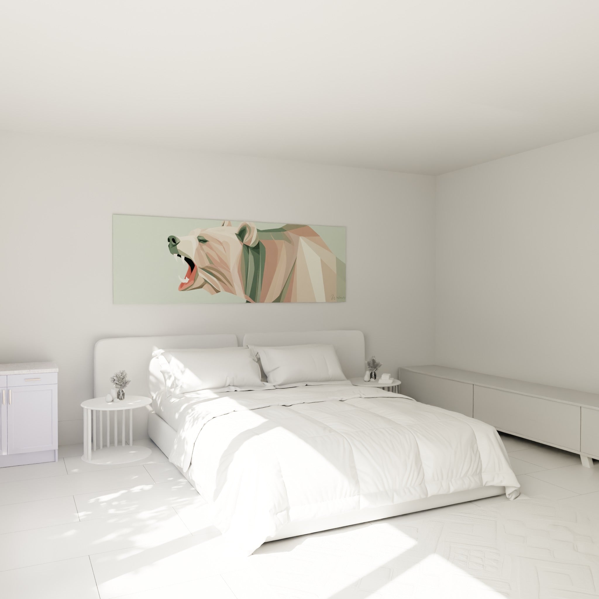 Mâchoire ouverte de l'ours brun terracotta et vert d'eau accrochée au-dessus d'un lit dans une chambre claire