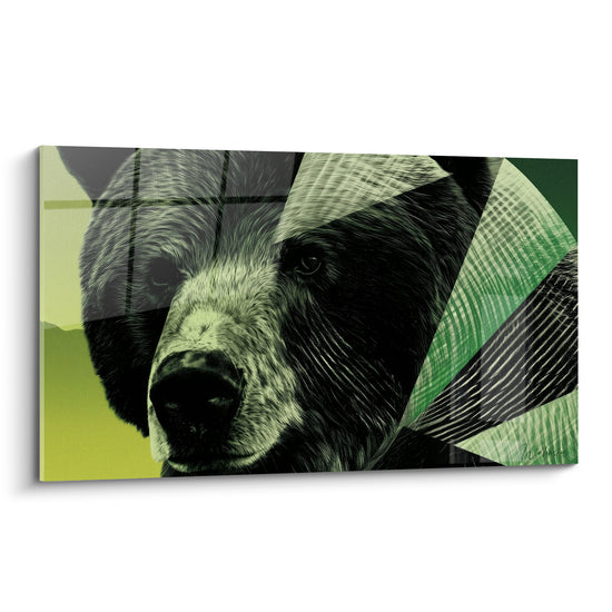 Ours brun au museau anthracite fragmenté de triangles vert olive et gris clair