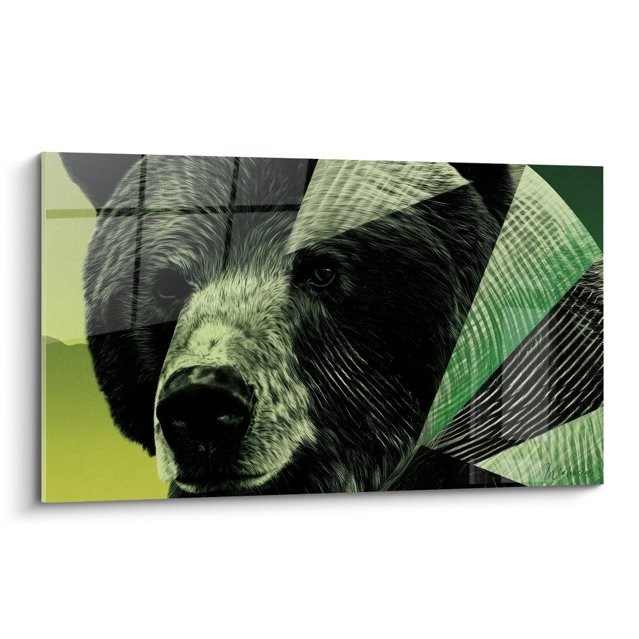Gemälde Bär grün und schwarz mit strahlenden Dreiecken - Geometriefächer - Braunbär-Edition