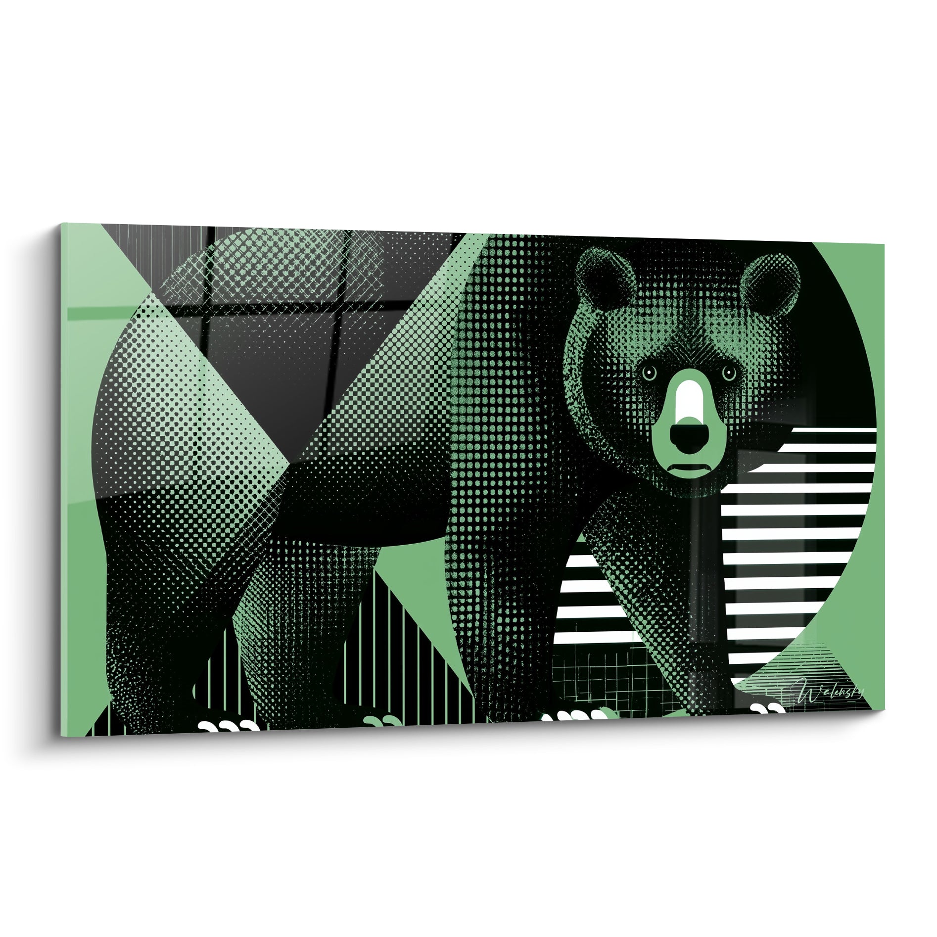 Ours brun géométrique vert sauge et noir aux motifs pointillés et rayures graphiques