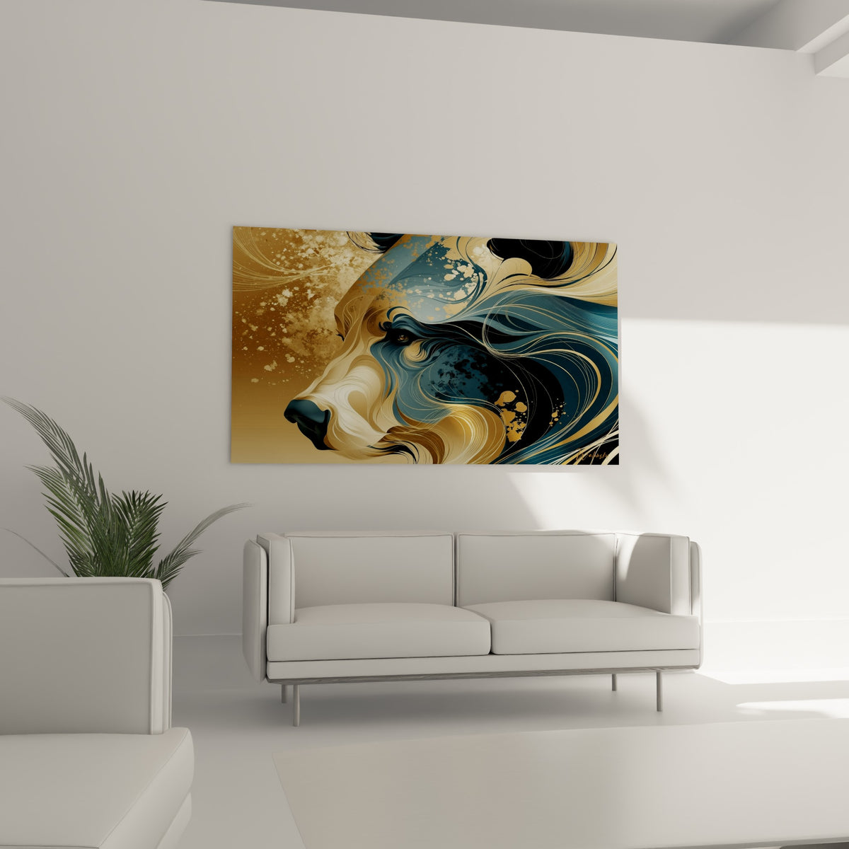 Silhouette d'ours brun ocre et bleu ardoise, suspendue au-dessus d'un canapé dans un salon lumineux