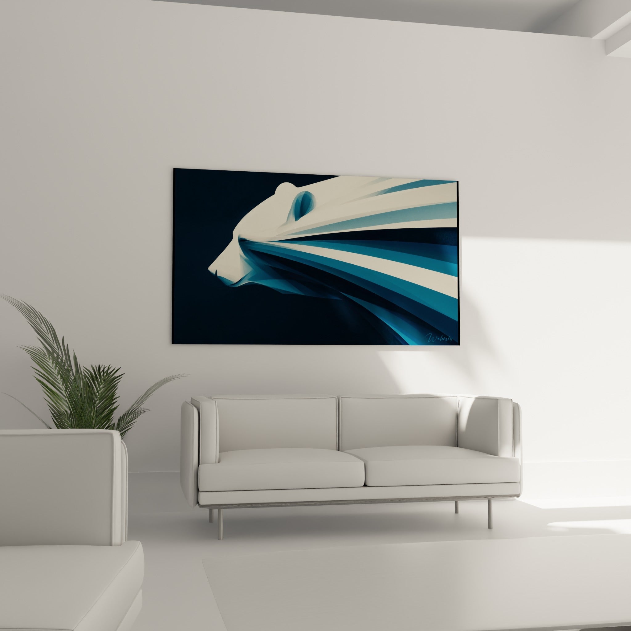 Tête d'ours brun graphique en tons crème et bleu profond, au-dessus d'un canapé dans un salon lumineux