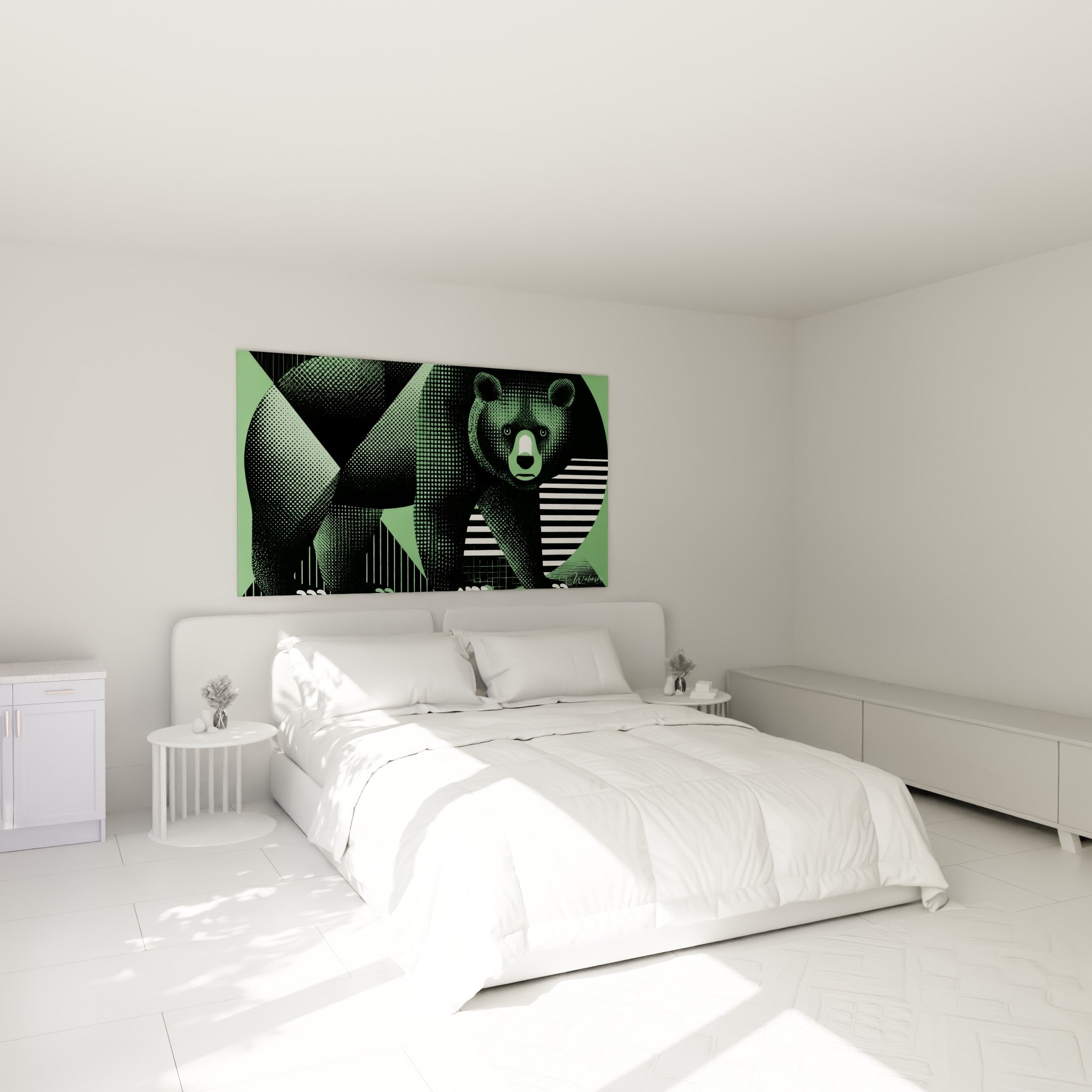 Silhouette d'ours brun vert sauge et noir texturé, accrochée au-dessus d'un lit dans une chambre claire