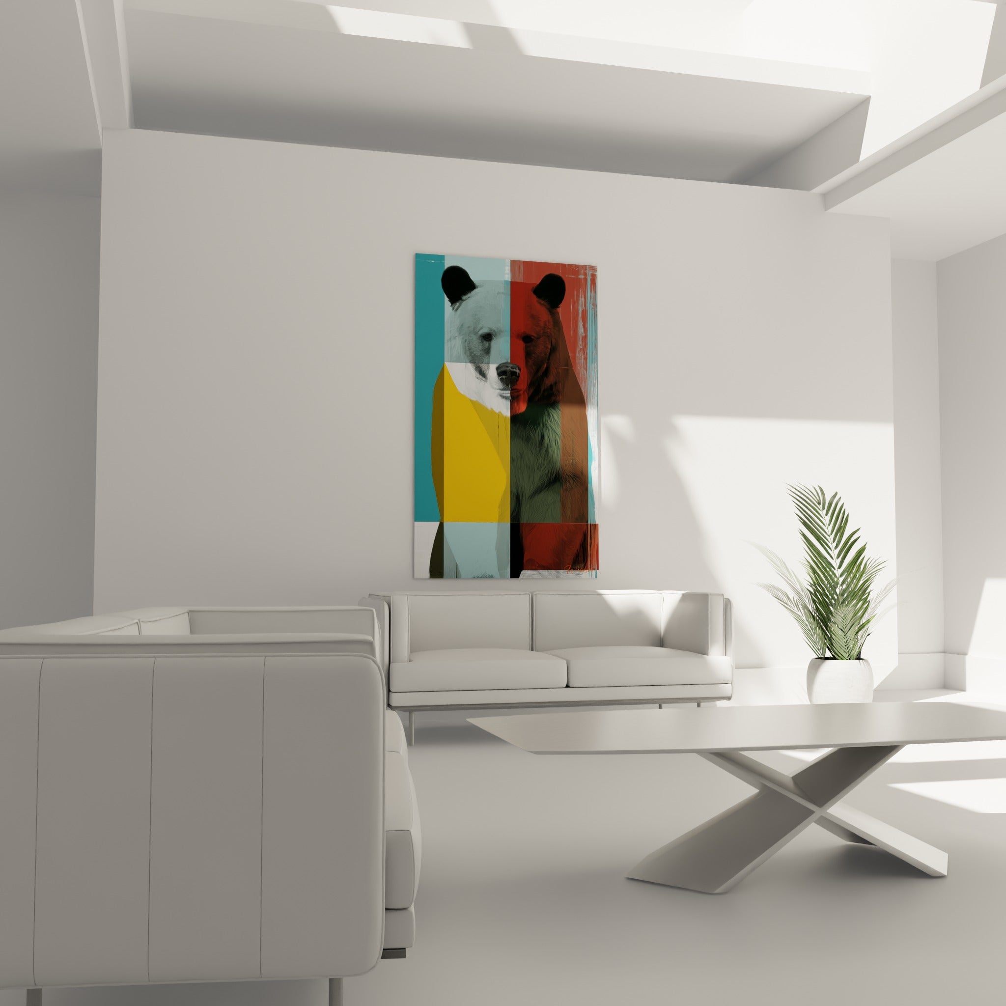 Ours brun aux couleurs contrastées, jaune vif et bleu pastel, au-dessus d'un canapé dans un salon lumineux.