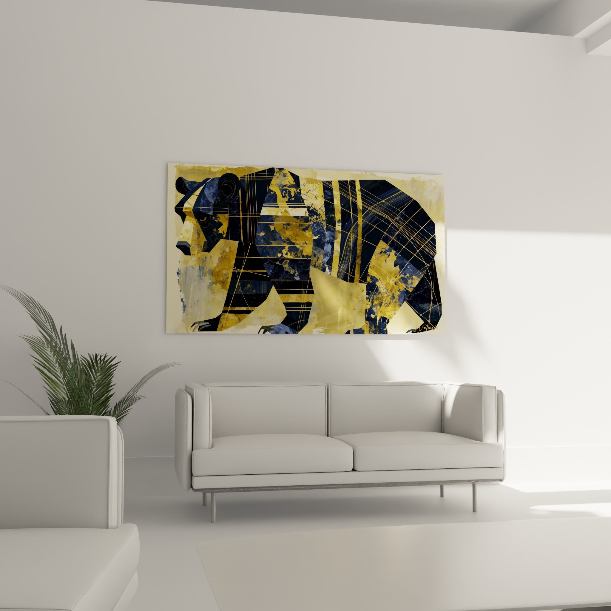 Ours brun aux facettes dorées et bleu marine, composition graphique, au-dessus d'un canapé dans un salon lumineux
