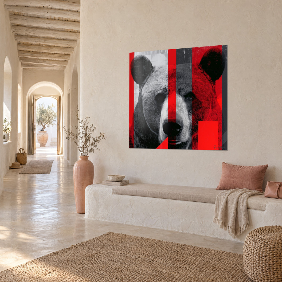 Wall art grizzly bear face on, black nose, silver-grey fur striped with scarlet red, cream wall of a vaulted hallway