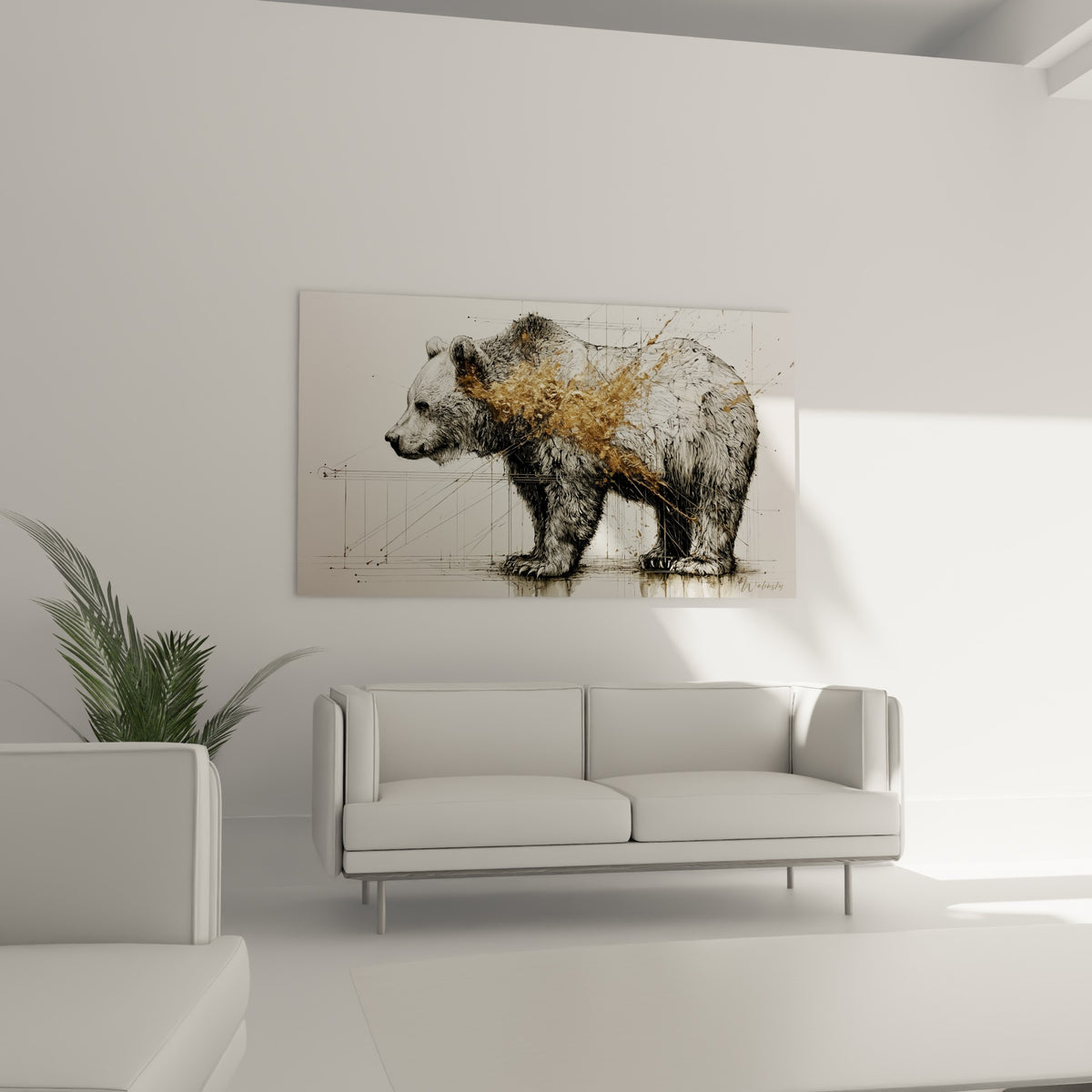 Ours brun graphique mêlant noir profond et or lumineux, disposé au-dessus d'un canapé dans un salon lumineux