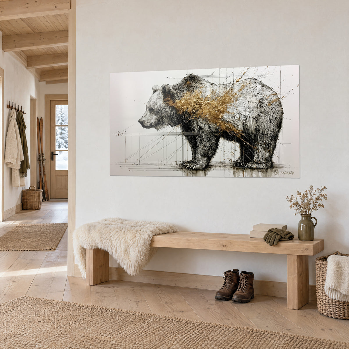 Gemälde Grizzly in Tusche und Blattgold, goldene Flecken auf dem Rücken, graues und schwarzes Fell, über einer Holzbank einer Berghütte
