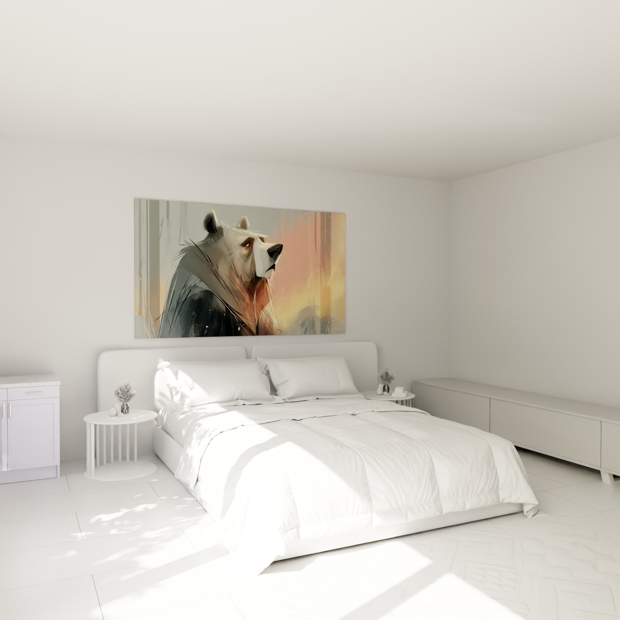 Portrait d'ours brun aux tons corail et gris au-dessus d'un lit dans une chambre claire