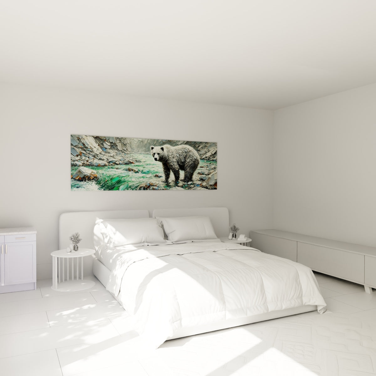 Ours brun texturé face à une rivière turquoise, au-dessus d'un lit dans une chambre claire