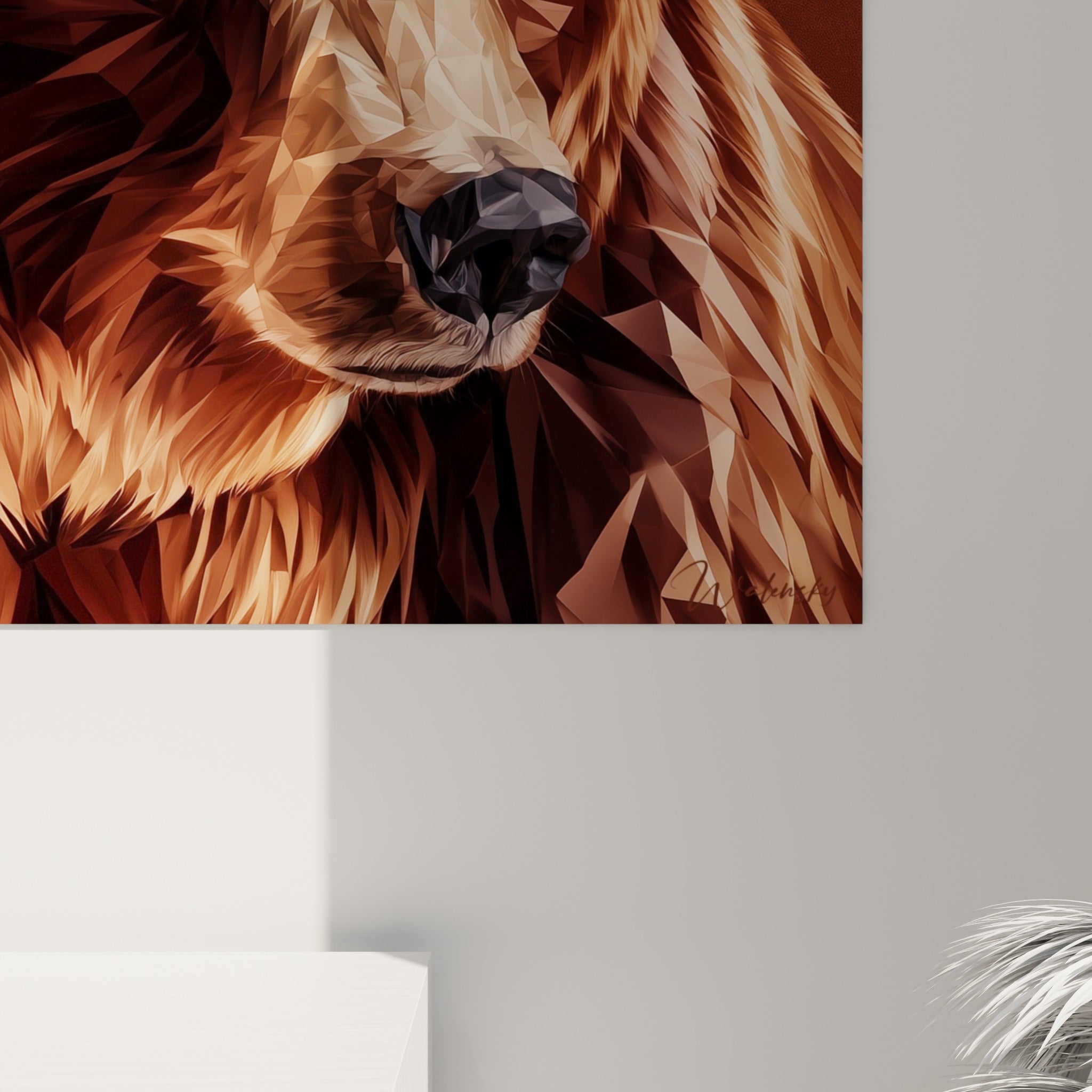 Facettes cuivrées et ambrées du pelage d'ours brun, empâtements visibles sur la toile accrochée