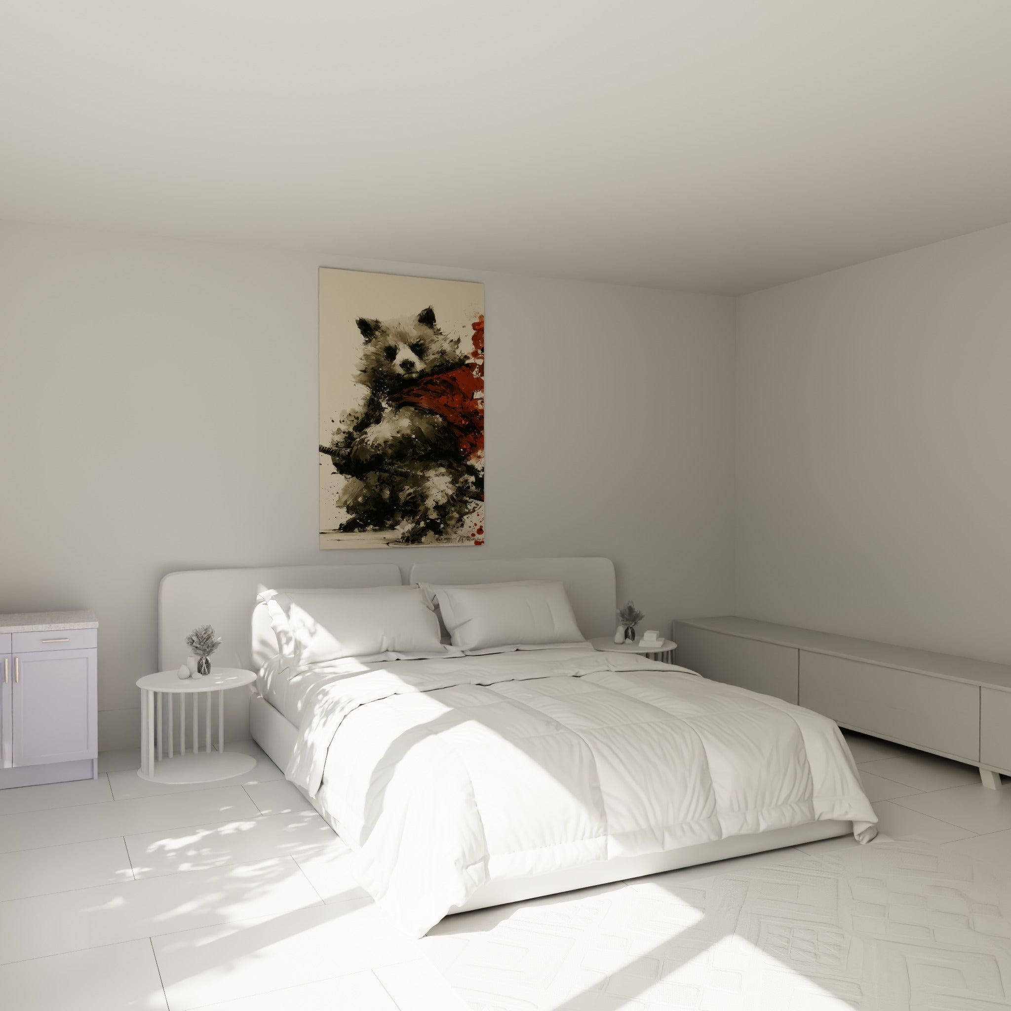 Guerrier ours brun au pelage anthracite et rouge vermillon, accroché au-dessus d'un lit dans une chambre claire